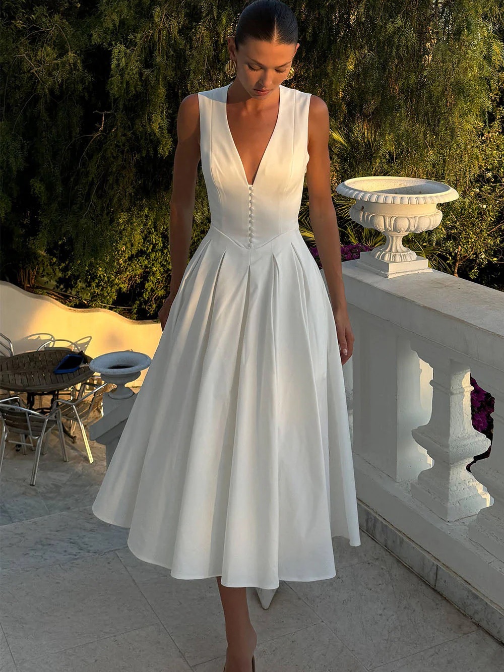 Meshki Keely White V-Neck Midi Dress